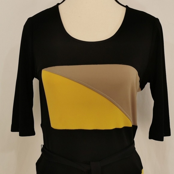 BCBGMaxAzria | Leticia yellow grey & black colour Block Dress - Sz M - Picture 3 of 8